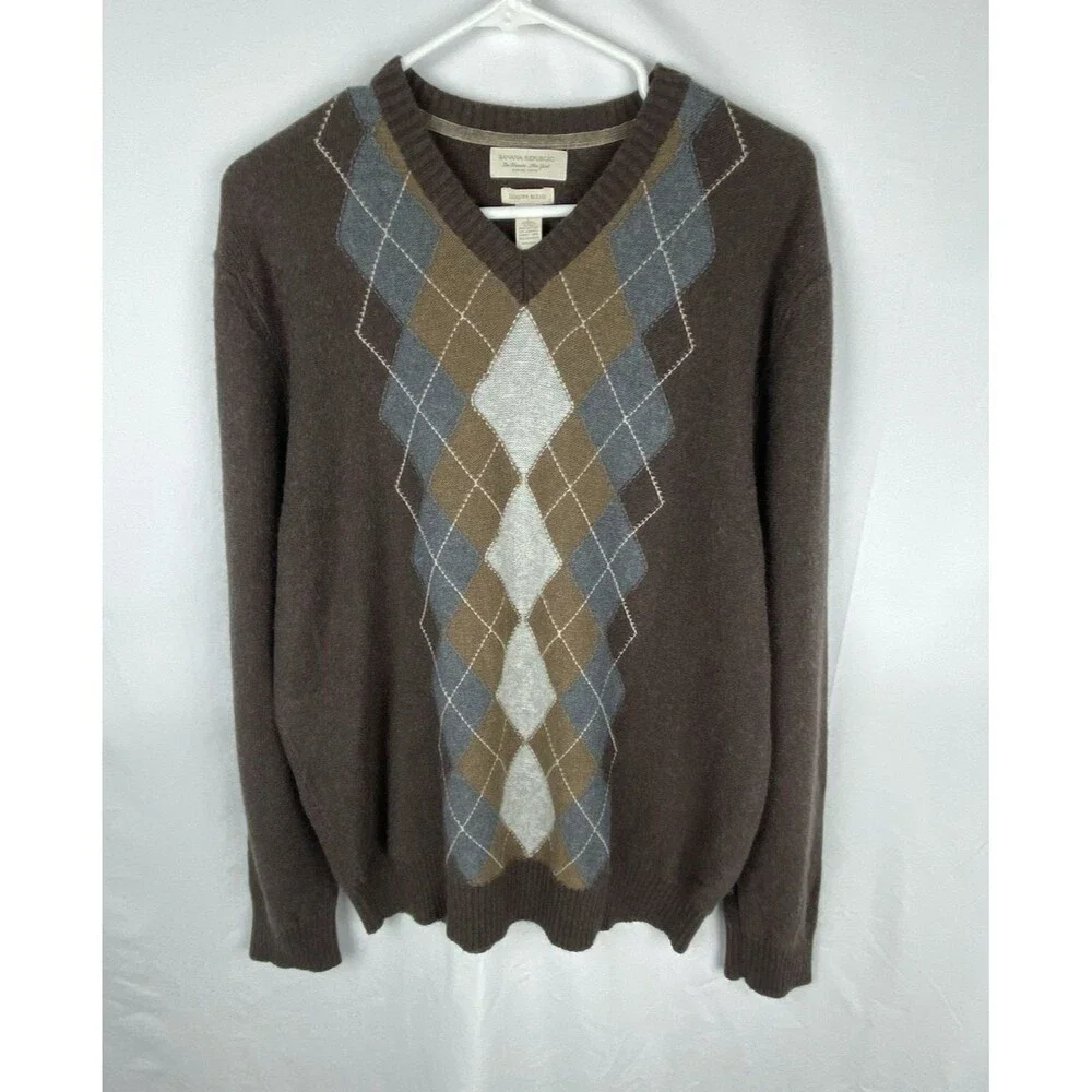 Banana Republic Sweater Mens‎ Large Angora Cotton Cashmere Argyle Brown Luxury